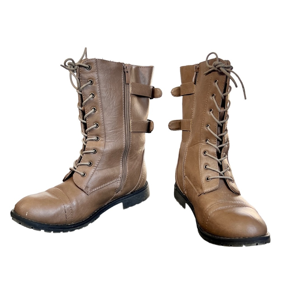Journee Collection Kendel Taupe Calf Length Faux Leather Combat Moto Boots 7.5